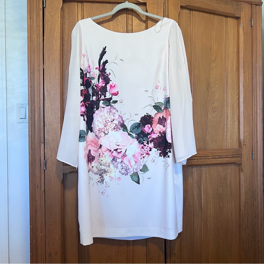 White Floral Shift Dress with Pink Bouquet Print